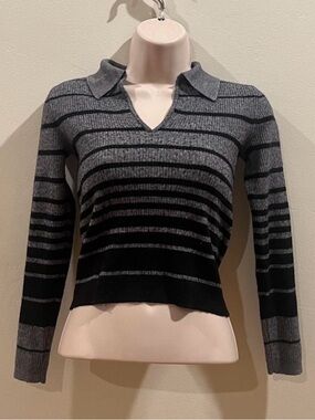 Gray & Black Striped V-Neck Collared Sweater